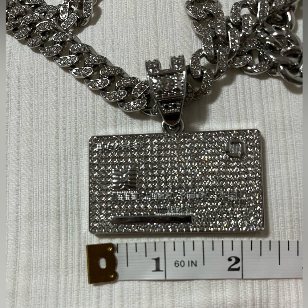 Iced Out Credit Card Pendant & Heavy Cuban Link Chain Necklace - Silver Tone - Picture 9 of 10